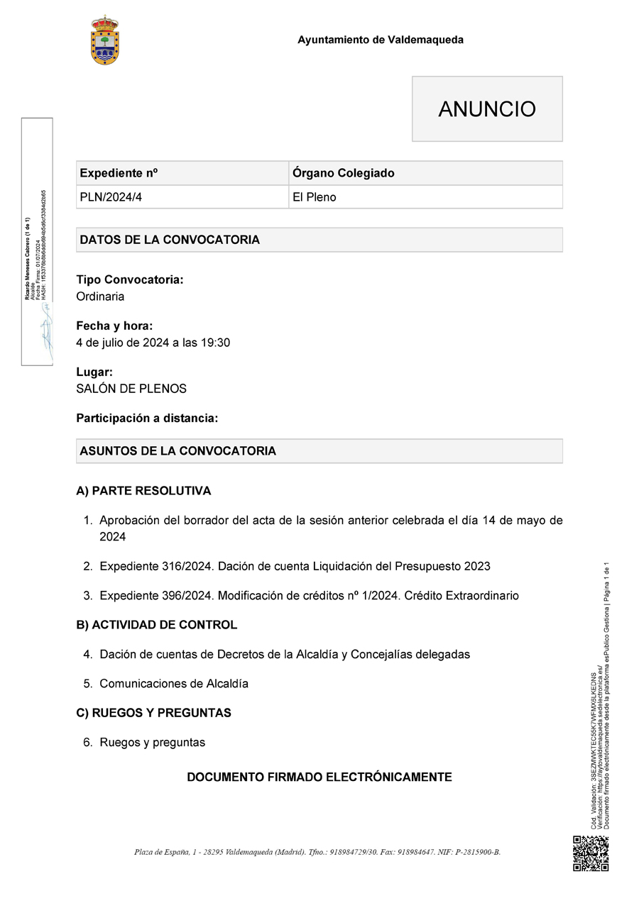 Convocatoria a Pleno sesión ordinaria, jueves 4 de julio a las 19:30h